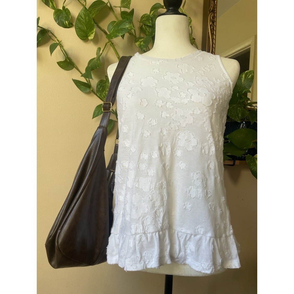 Michael Kors White Floral Sleeveless Tank Top Ruffle Hem Cotton Knit